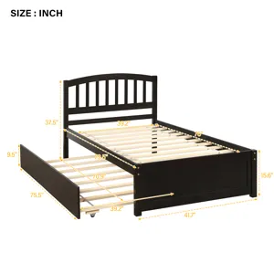 Twin Size Platform Bed Wood Bed Frame With Trundle - Espresso