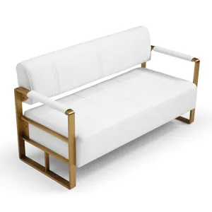 Modern Upholstery Accent Loveseat Sofa For Living Room 2 Seater With Golden Metal Arms - White