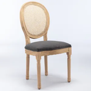 French Style Solid Wood Frame Antique Painting Linen Fabric Rattan Back Dining Chair (Set of 2) - Gr