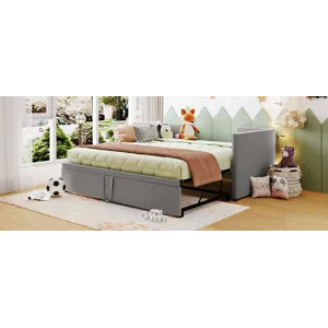 Twin Size Upholstered Daybed With Pop Up Trundle - Gray