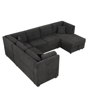 U-Shaped Sectional Sofa Pull Out Sofa Bed With Two USB Ports, Two Power Sockets, Three Back Pillows 
