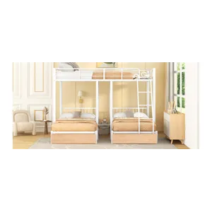 Full Over Twin & Twin Bunk Bed, Metal Triple Bunk Bed With Drawers And Guardrails - White