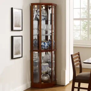 6 Shelf Lighted Corner Curio Cabinet With Adjustable Tempered Glass Shelves And Mirror Back (E26 Light Bulb Not Included) - Walnut