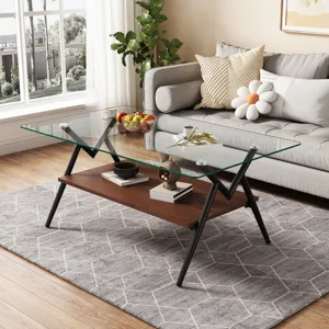 Rectangle Coffee Table With Tempered Glass Top And Metal Legs, Modern Table For Living Room, Transpa
