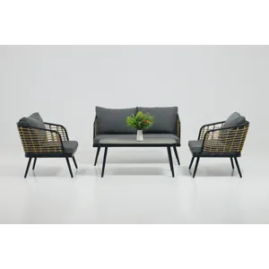 4 Pieces Patio Furniture Set, PE Rattan Wicker With Washable Cushion And Tempered Glass Tabletop, Co