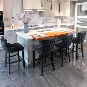 Contemporary Velvet Upholstered Wing-Back Barstools With Button Tufted Decoration And Wooden Legs, A