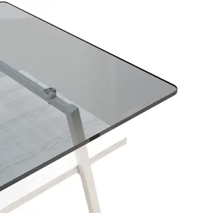 Rectangle Coffee Table, Tempered Glass Tabletop With White Metal Legs, Modern Table For Living Room 