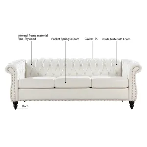 84.65\" Rolled Arm Chesterfield 3 Seater Sofa - White