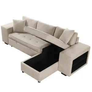 Modern L-Shape 3 Seat Reversible Sectional Couch, Pull Out Sleeper Sofa With Storage Chaise And 2 St