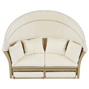 Outdoor Patio Daybed Wicker Rattan Double Daybed Round Sofa Furniture Set With Retractable Canopy, 4