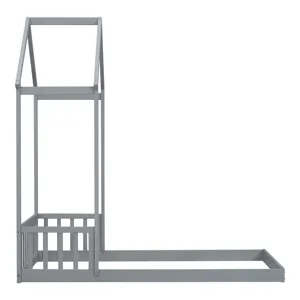 Twin House-Shaped Roof Headboard Floor Bed, (Without Slats) - Gray