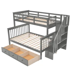 Twin Over Full Stairway Bunk Bed With Drawer, Storage And Guard Rail For Bedroom, Dorm, For Adults -