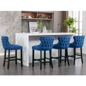 Contemporary Velvet Upholstered Wing-Back Barstools With Button Tufted Decoration And Wooden Legs, A