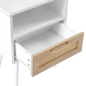 15.75\" Rattan End Table With Power Outlet & USB Ports, Modern Nightstand With Drawer And Solid Wood