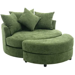 360° Swivel Accent Barrel Chair With Storage Ottoman & 4 Pillows, Modern Chenille Leisure Chair Roun