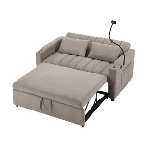 Convertible Sofa Bed Loveseat Sofa With Three USB Ports, Two Side Pockets, Two Cup Holders And 360° 