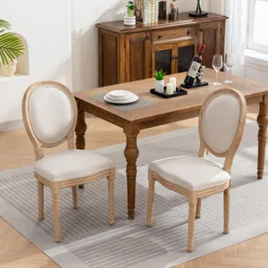 French Style Solid Wood Frame Antique Painting Linen Fabric Back Dining Chair (Set of 2) - Beige