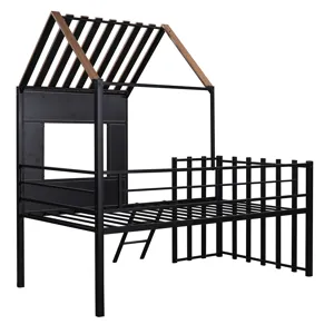 Twin Size Loft Bed With Roof, Window, Guardrail, Ladder Black