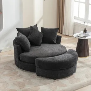 360° Swivel Accent Barrel Chair With Storage Ottoman & 4 Pillows, Modern Chenille Leisure Chair Roun