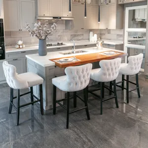 Contemporary Velvet Upholstered Wing-Back Barstools With Button Tufted Decoration And Wooden Legs, A