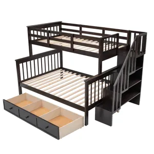 Twin Over Full Stairway Bunk Bed With Drawer, Storage And Guard Rail For Bedroom, Dorm, For Adults -