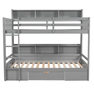 Twin Size Bunk Bed With Built-In Shelves Beside Both Upper And Down Bed And Storage Drawer - Gray