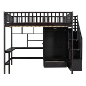 Full Size Loft Bed With Bookshelf, Drawers, Desk, And Wardrobe - Espresso