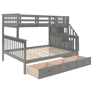 Twin Over Full Stairway Bunk Bed With Drawer, Storage And Guard Rail For Bedroom, Dorm, For Adults -