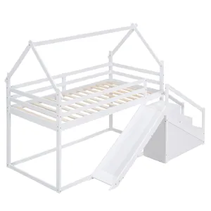 Twin Over Twin House Loft Or Bunk Bed With Slide And Staircase - White