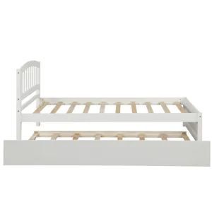 Twin Size Platform Bed Wood Bed Frame With Trundle - White