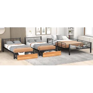Full Over Twin & Twin Bunk Bed, Metal Triple Bunk Bed With Drawers And Guardrails - Black