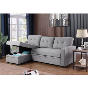 Upholstered Pull Out Sectional Sofa With Chaise - Light Gray