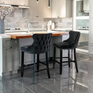 Contemporary Velvet Upholstered Wing-Back Barstools With Button Tufted Decoration And Wooden Legs, A