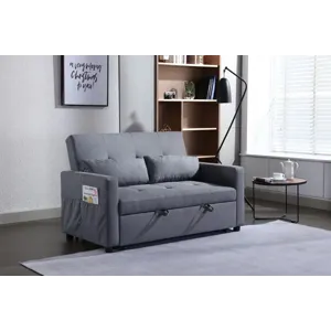 2 Seaters Slepper Sofa Bed Linen Fabric 3-In-1 Convertible Sleeper Loveseat With Side Pocket - Dark 