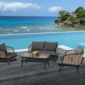 4 Pieces Patio Furniture Set, PE Rattan Wicker With Washable Cushion And Tempered Glass Tabletop, Co