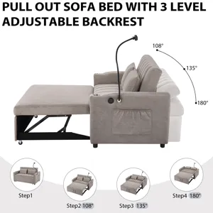 Convertible Sofa Bed Loveseat Sofa With Three USB Ports, Two Side Pockets, Two Cup Holders And 360° 