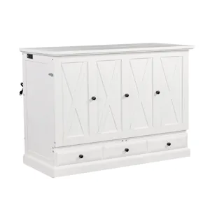 Full Solid Pine Murphy Bed Chest Cube Cabinet Bed With Charging Station And Large Storage Drawer For