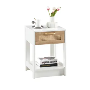 15.75\" Rattan End Table With Drawer, Modern Nightstand, Side Table For Living Room, Bedroom - White