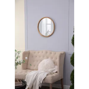 Circle Wall Mirror With Wooden Frame, Wall Mirror For Living Room - Brown