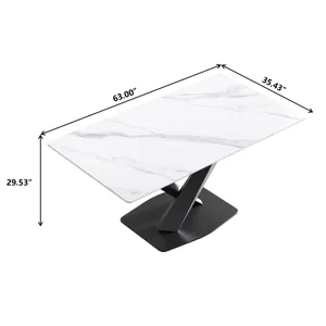 63\" Modern Artificial Stone Straight Edge Metal X-Leg Dining Table, 6 People - White / Black