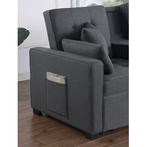 Cody II - 69.5\"W Dark Gray Linen Convertible Sleeper Loveseat With Cup Holder, Charging Ports and P