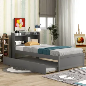 Twin Bed With Trundle, Bookcase - Gray