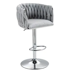 360 Degree Swivel Bar Stools Adjustable Counter Height Bar Chairs With Woven Back & Footrest, Silver