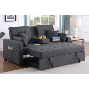 Cody II - 69.5\"W Dark Gray Linen Convertible Sleeper Loveseat With Cup Holder, Charging Ports and P
