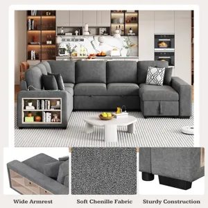 U-Shaped Sectional Sofa Pull-Out Sofa Bed With Two USB Ports, A Storage Chaise Lounge And Four Back 