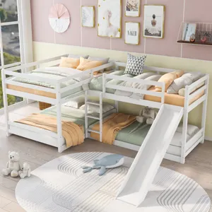Full And Twin Size L-Shaped Bunk Bed With Slide And Short Ladder - White