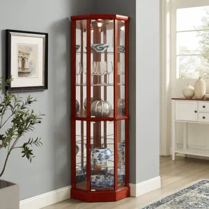 6 Shelf Lighted Corner Curio Cabinet With Adjustable Tempered Glass Shelves And Mirror Back (E26 Lig