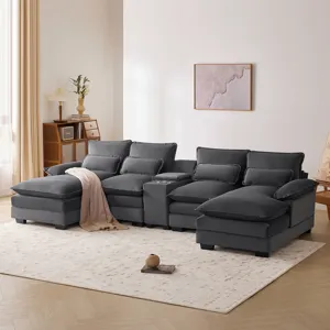 Modern U Shaped Sofa With Console, Cupholders And USB Ports, 6 Seat Upholstered Symmetrical Indoor F