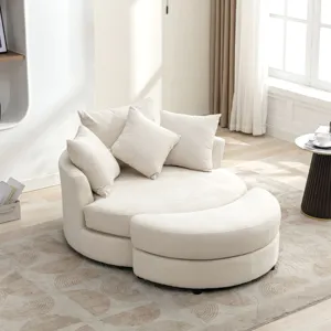 360° Swivel Accent Barrel Chair With Storage Ottoman & 4 Pillows, Modern Chenille Leisure Chair Round Accent For Living Room - Cream