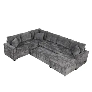 Sectional Sofa Pull-Out Sofa Bed Sleeper With A Storage Ottoman, Three Pillows And Charging Devices 